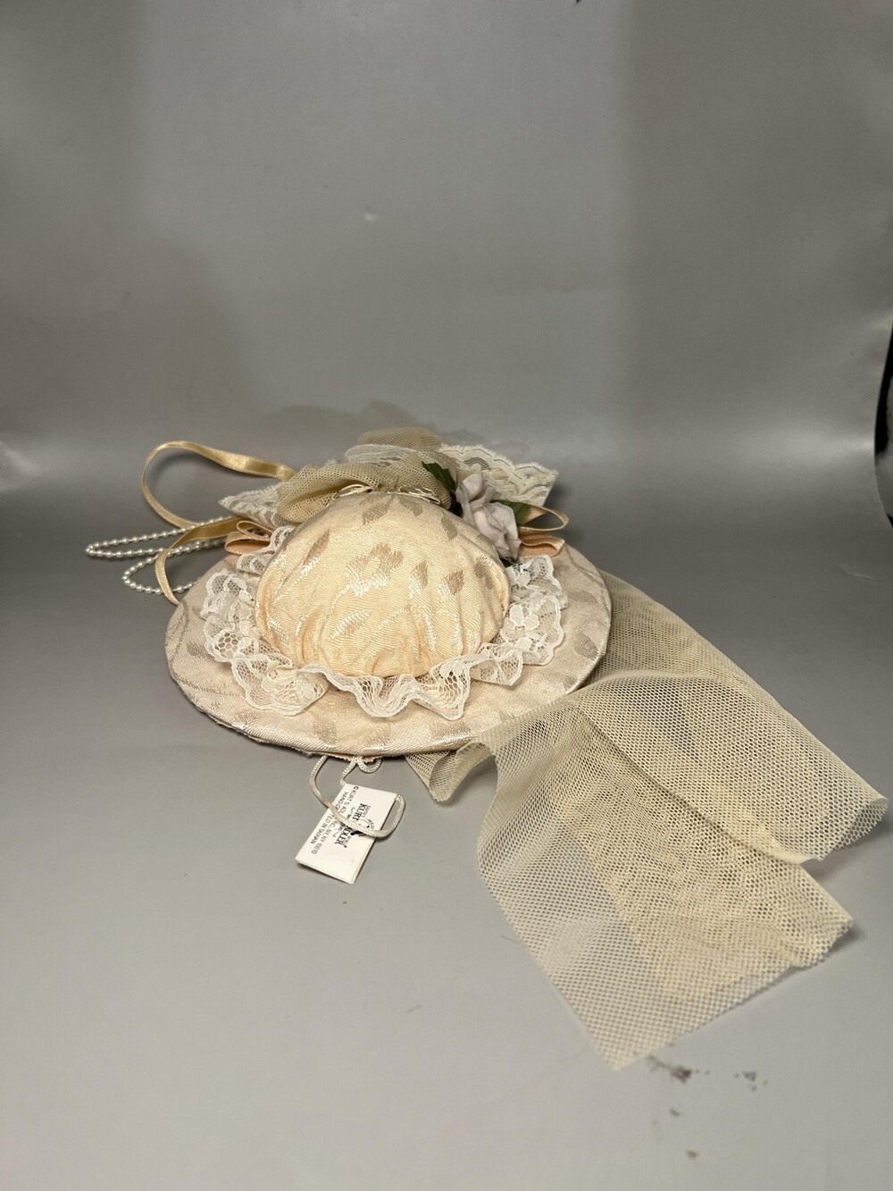 Vintage Kurt S Adler Hat Christmas Ornament Lace Tulle Pearls Beige Floral